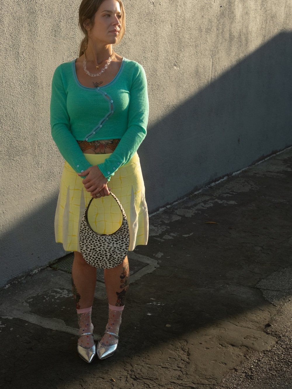 PH5 Yellow and Beige A-Line Pleated Knit Skirt